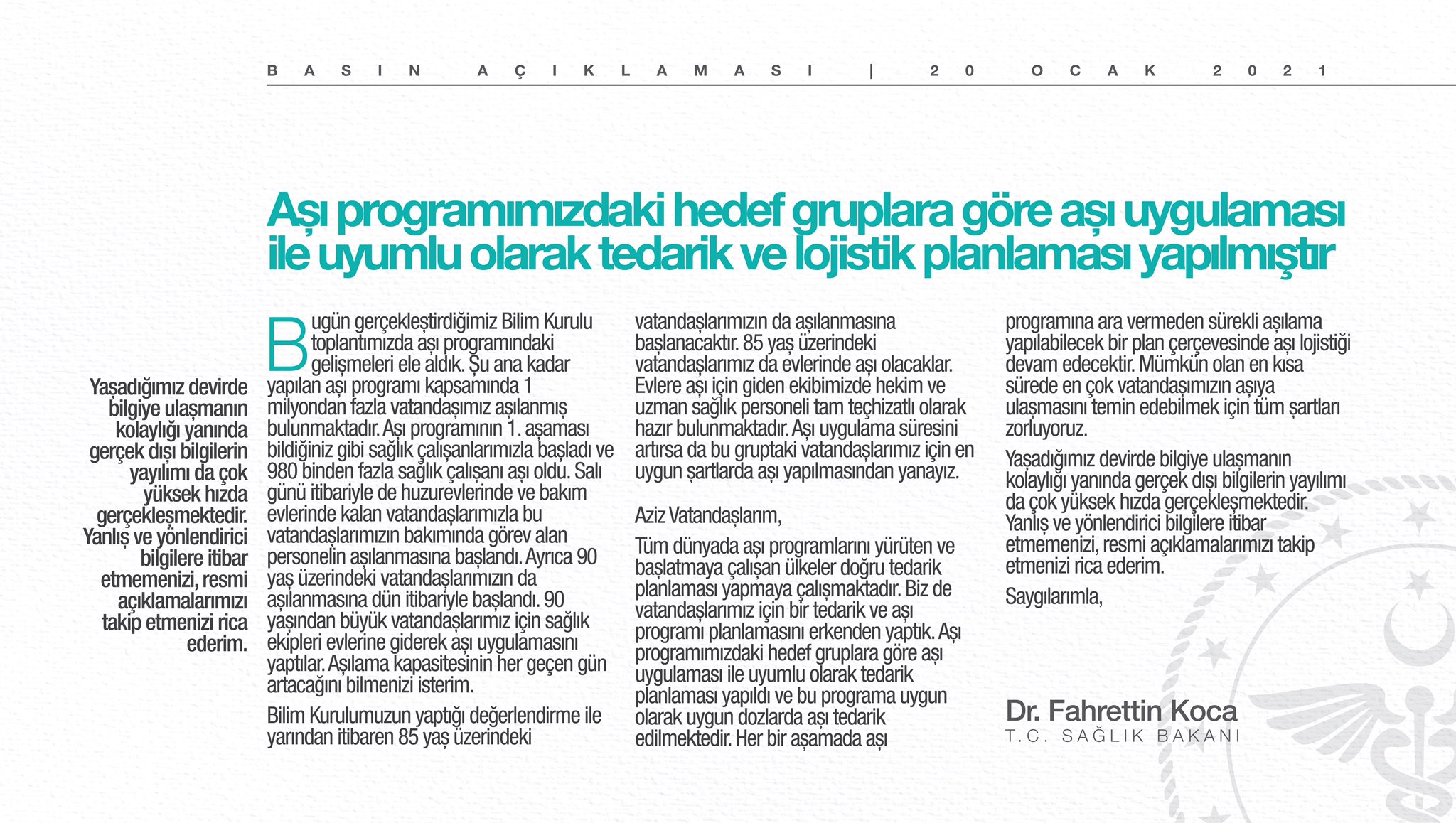 Bakan Koca’dan aşı açıklaması