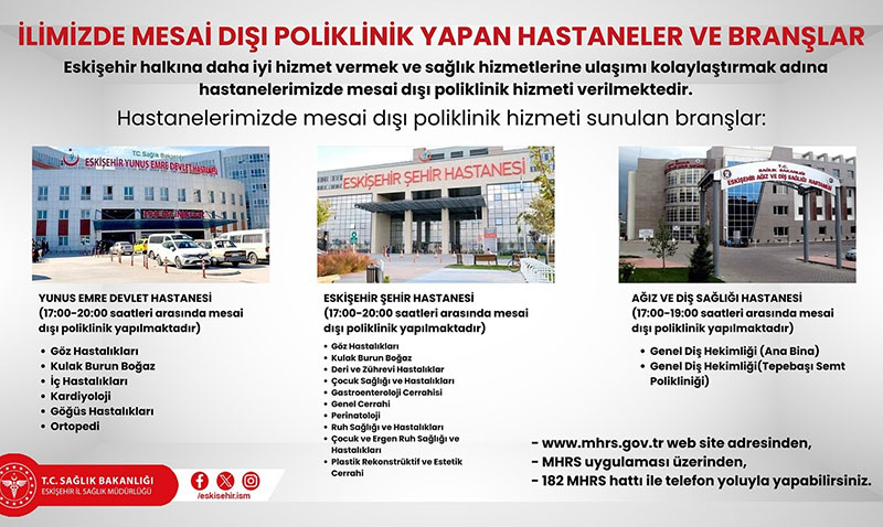 Eskiehir’de mesai d poliklinik yapan hastaneler ve branlar